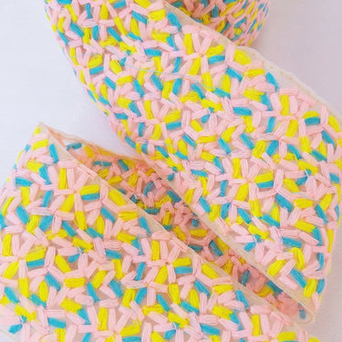 Beige Sheer Tissue Fabric Trim With Cotton Thread Embroidery In Pink, Yellow And Blue, Fabric Lace
